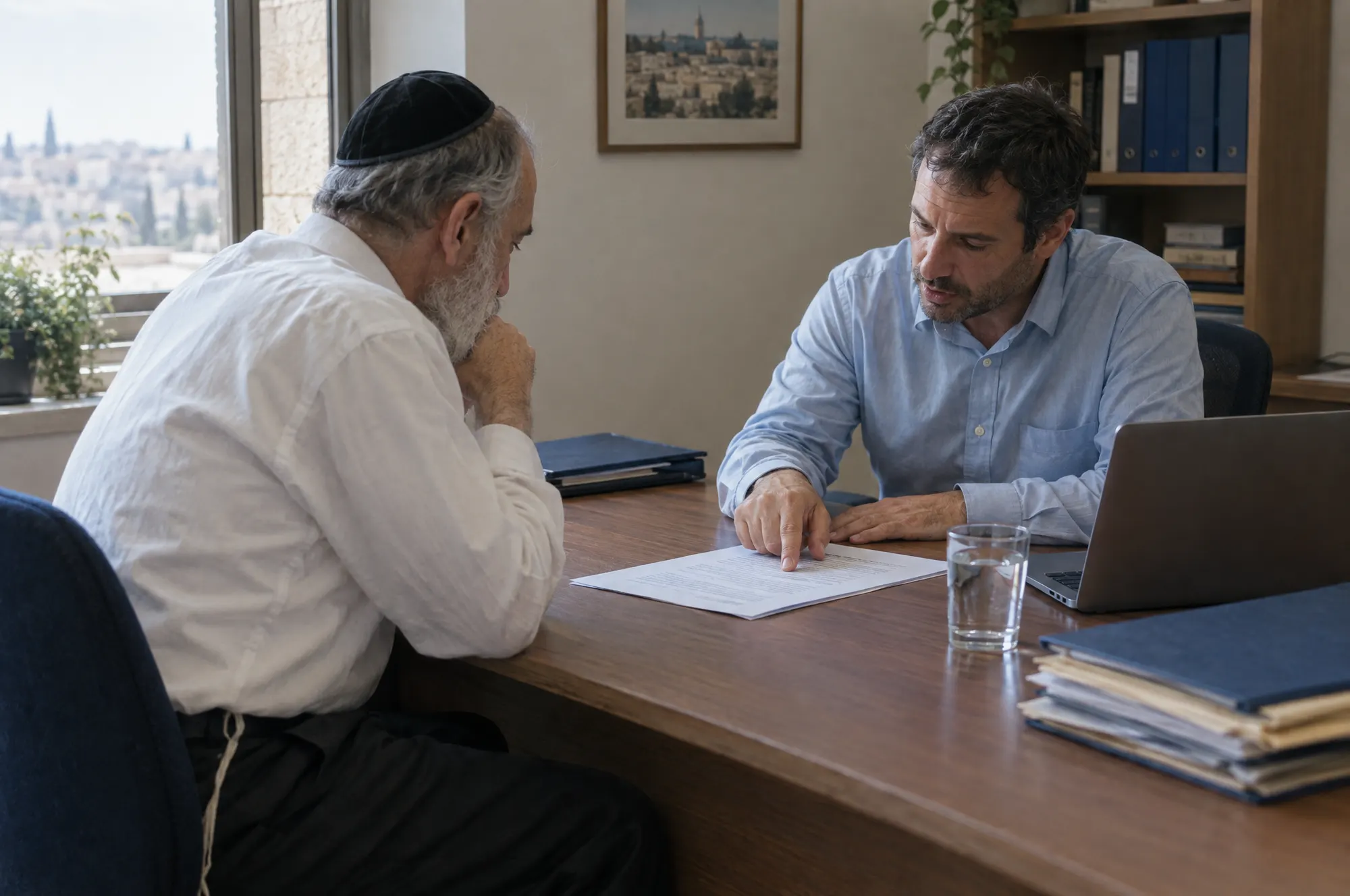 יועץ זכויות עובר עם לקוח על המסמכים שעל השולחן
