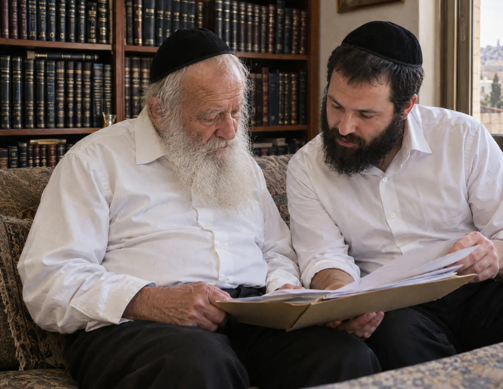 אב מבוגר ובנו יושבים על ספה ועוברים יחד על מסמכים
