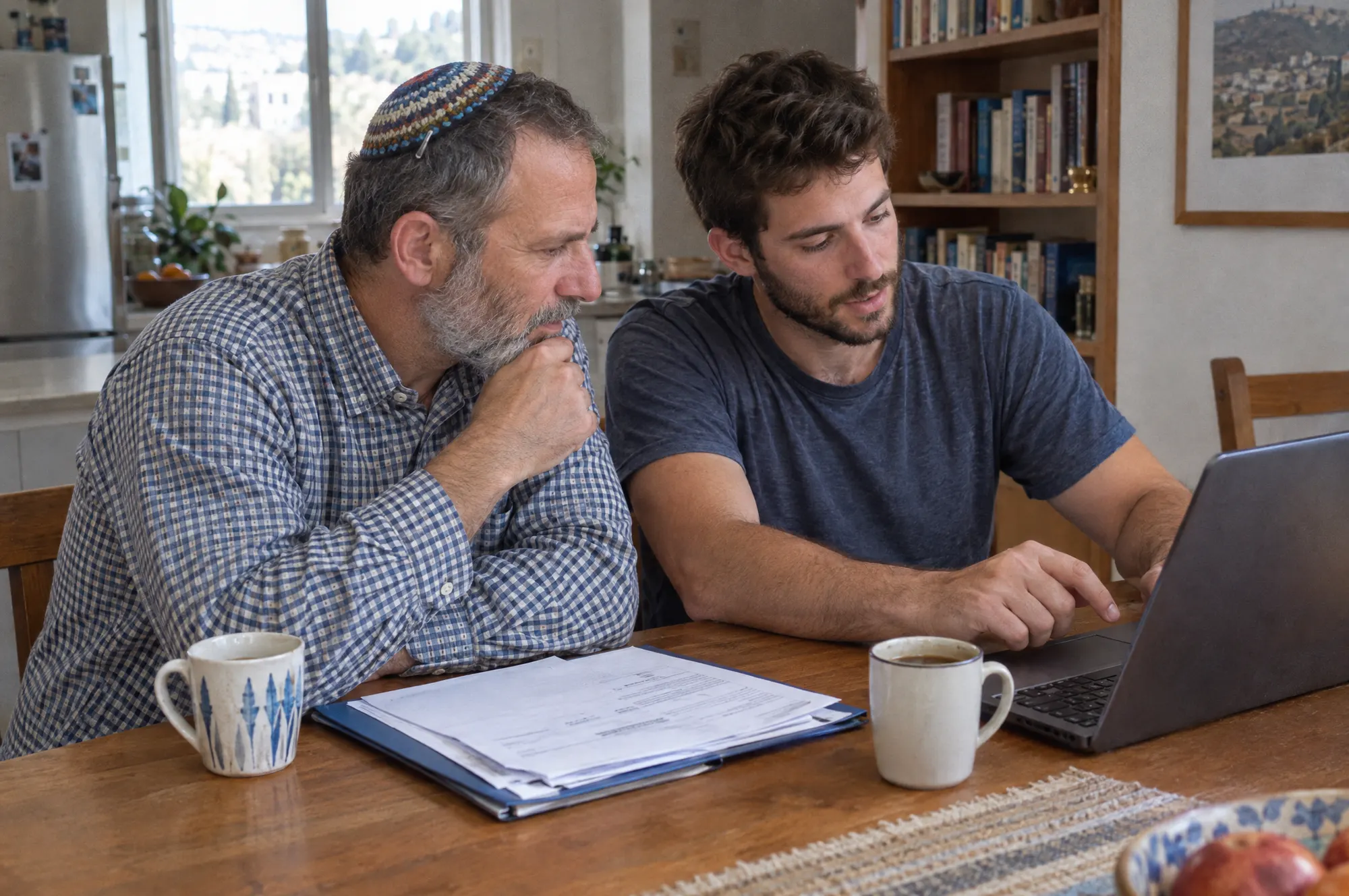 אב ובנו בודקים יחד פוליסת ביטוח על שולחן המטבח