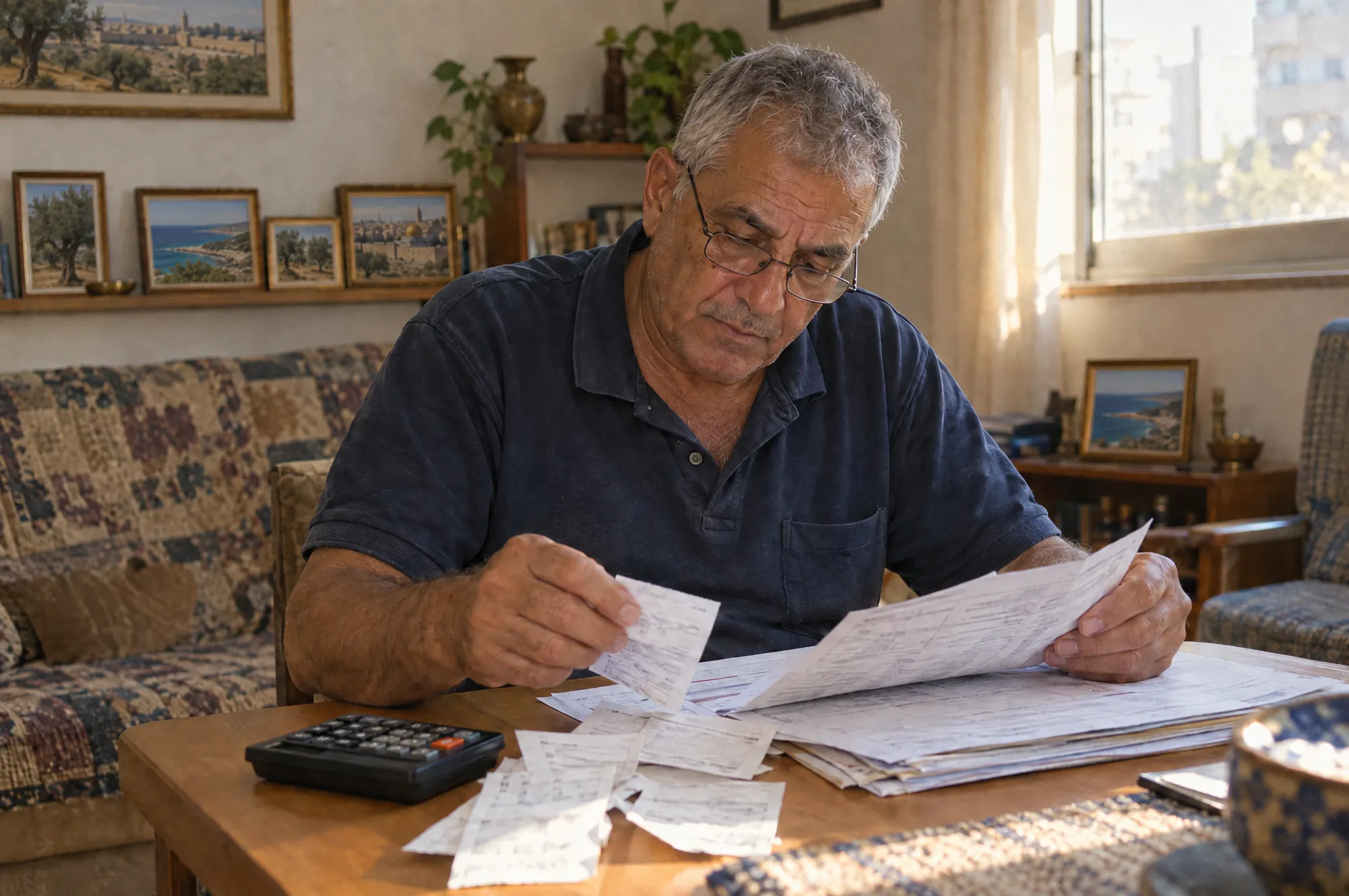גבר עובר על קבלות וטפסים עם מחשבון בסלון ביתו